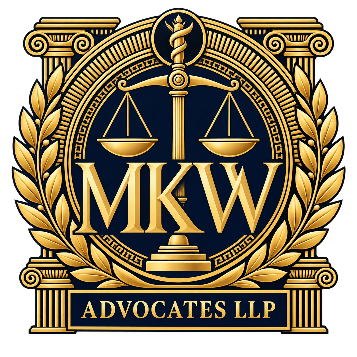 Gold MKW crest with balanced scales of justice and laurel wreath